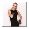 Fingerless Glove-  Model wearing TS0701 slate leather/hot pink lining with black ostrich feathers trim